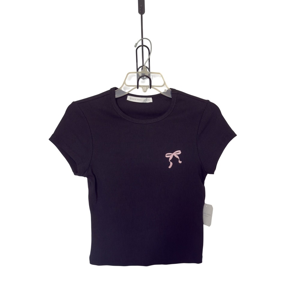 Altar'd State Small Black Ribbed Knit Crop Top Pink Embroidered Bow Preppy